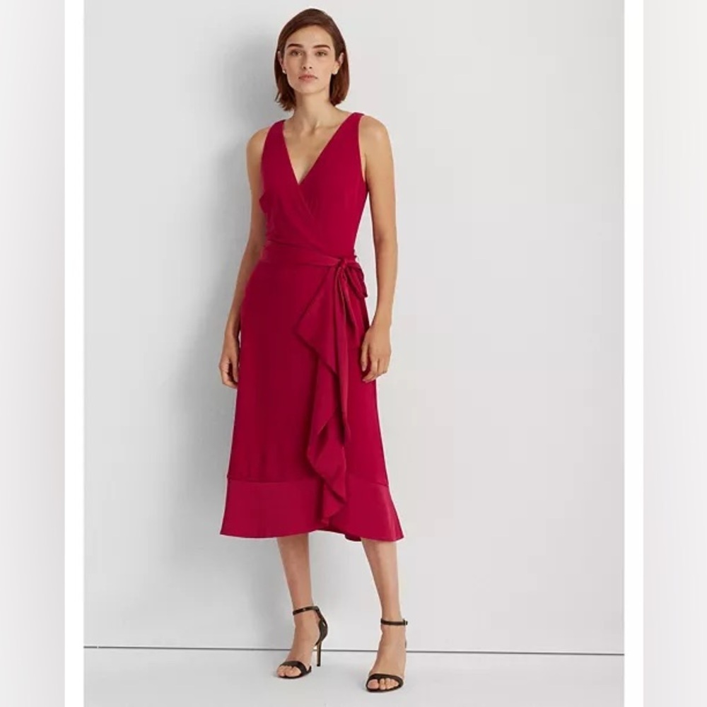 Laroque Original Red Wrap Ruffle-Trim Jersey Dress Small